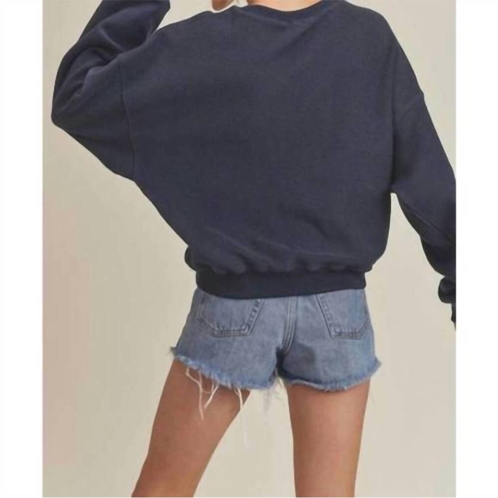 Aemi+Co Women's Navy Stripe Crewneck with Tan and Cream Bands - Picture 3 of 7
